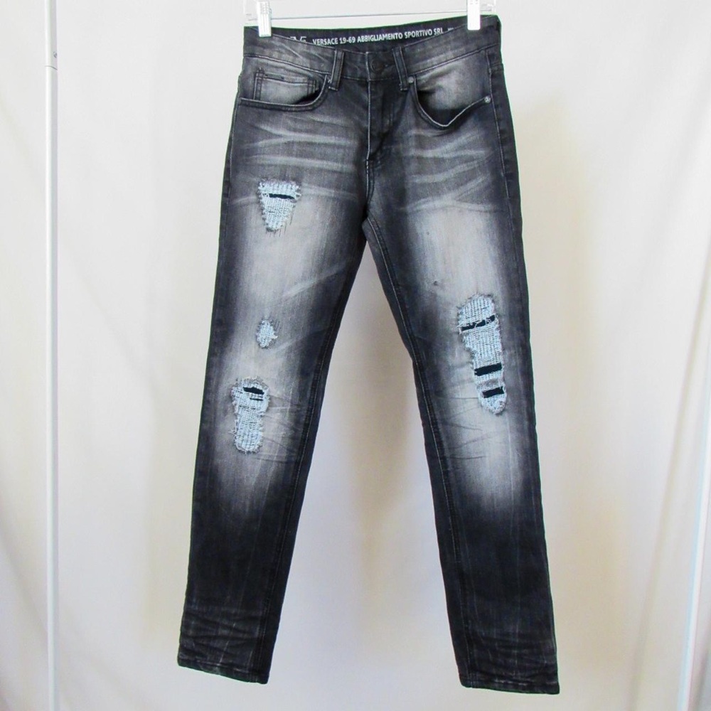 VERSACE 19-69 Italia Black Denim Stitched Patchwork Jean Mid Rise Skinny W28 L30